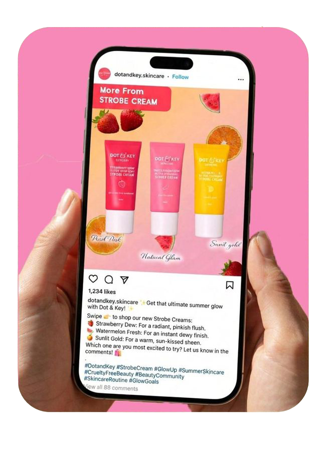 Instagram post design for a skincare brand shown on a phone
