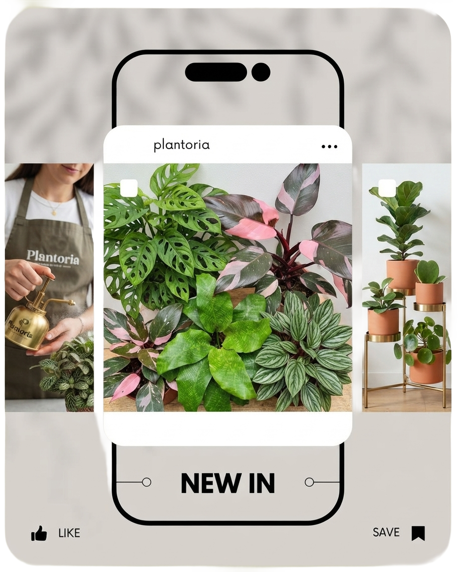 Instagram post design for a plant shop shown on a phone mockup