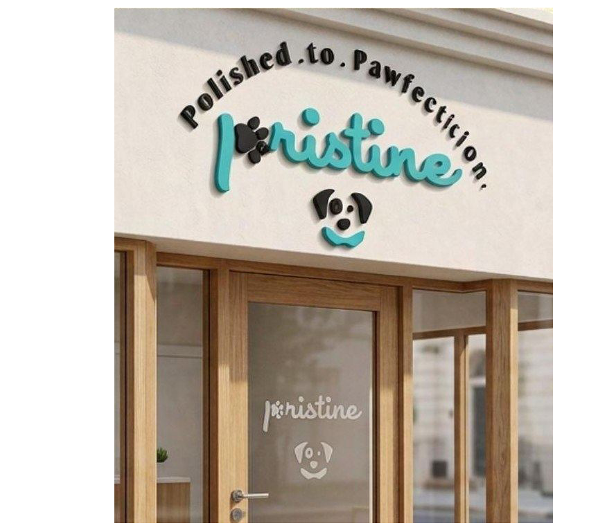 Pristine pet spa storefront signage with teal logo